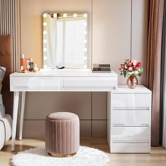 Vanity Desk with 5 Drawers, Reversible Drawer, Printer Stand, Computer Desk with Built-in Power