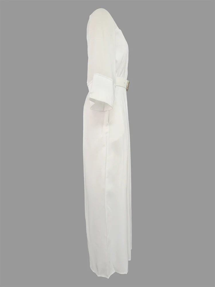 Elegant V-neck, Mesh Patchwork Raglan Sleeve, Belted Wide Leg Jumpsuit