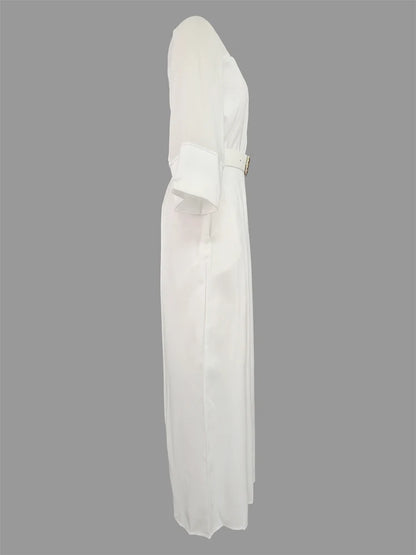 Elegant V-neck, Mesh Patchwork Raglan Sleeve, Belted Wide Leg Jumpsuit