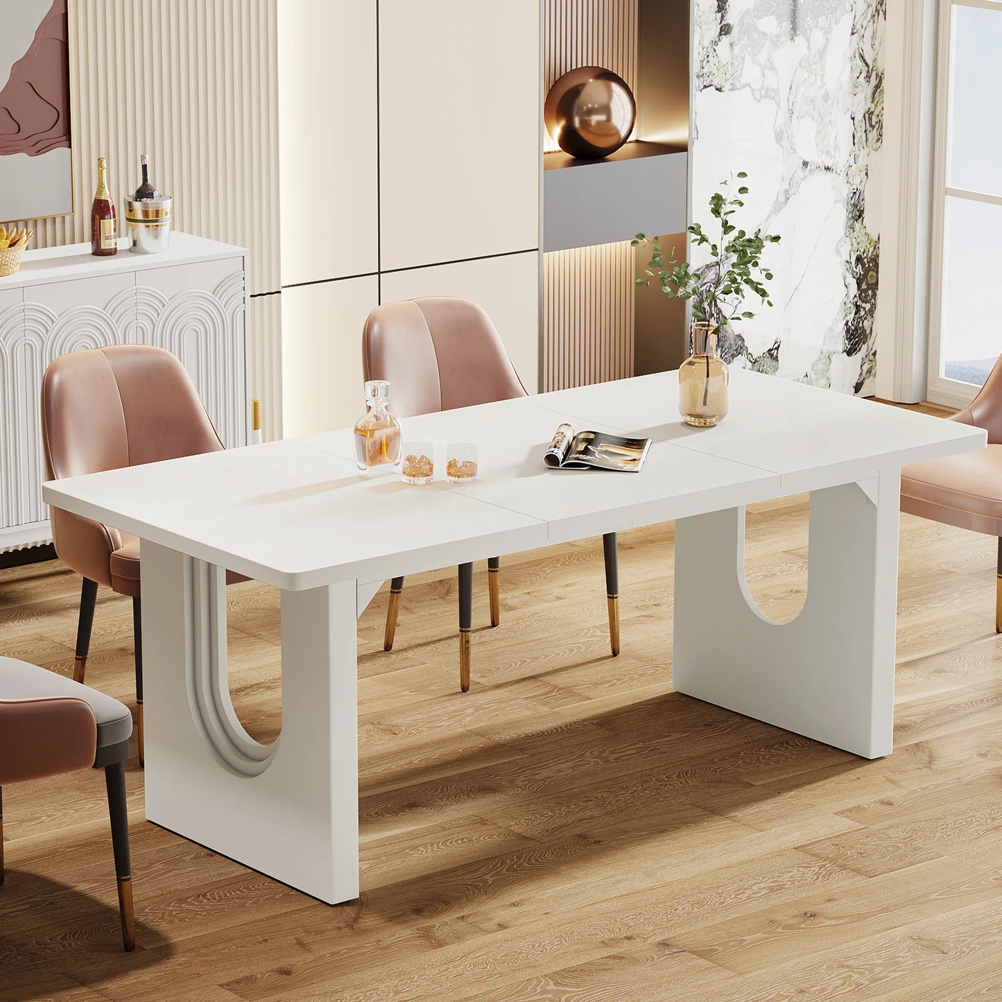 71" Large Kitchen Dining Table with Wood Pedestal Base, Seats 6-8