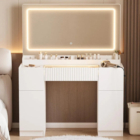 44" Vanity/Desk with Large Mirror and Lights, Modern Glass Top, Power Outlet, 3 Drawers and 2 Cabinet