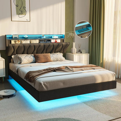 Queen Size Floating Bed Frame with Storage Headboard,  with LED Lights, Charging Station