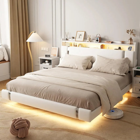 Floating Bed Frame with LED Light and Charging Station, Storage Headboard
