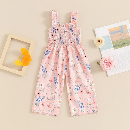 12MO-4T Lovely Baby Girls Summer Jumpsuit, Sleeveless Strap, Floral Print, Wide Leg Pants