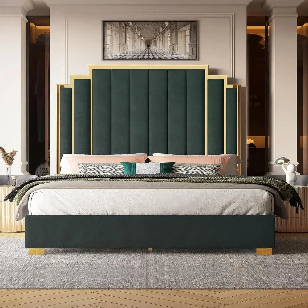 65" Velvet Upholstered King Size Platform Bed Frame with Gold Trim Headboard/Wooden Slats/No Box Spring Needed/Green