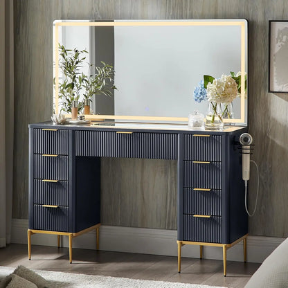 48" Vanity/Desk with 48" Large Mirror and HD Lights with 9 Drawers & Charging Station