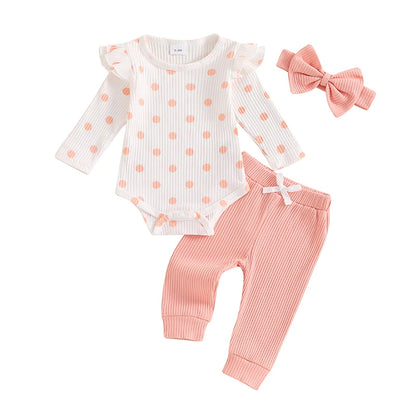 0-18M Baby Girls Fall Outfit, Long Sleeve Dots Print Romper with Pants and Bowknot Headband Clothing Set