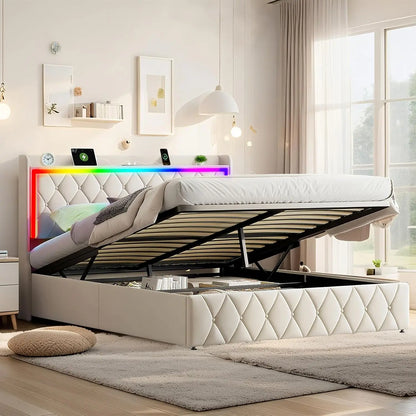 Multiple Color LED Bed Frame with Charging Station, Featuring 2-Tier Headboard, 4 Storage drawers
