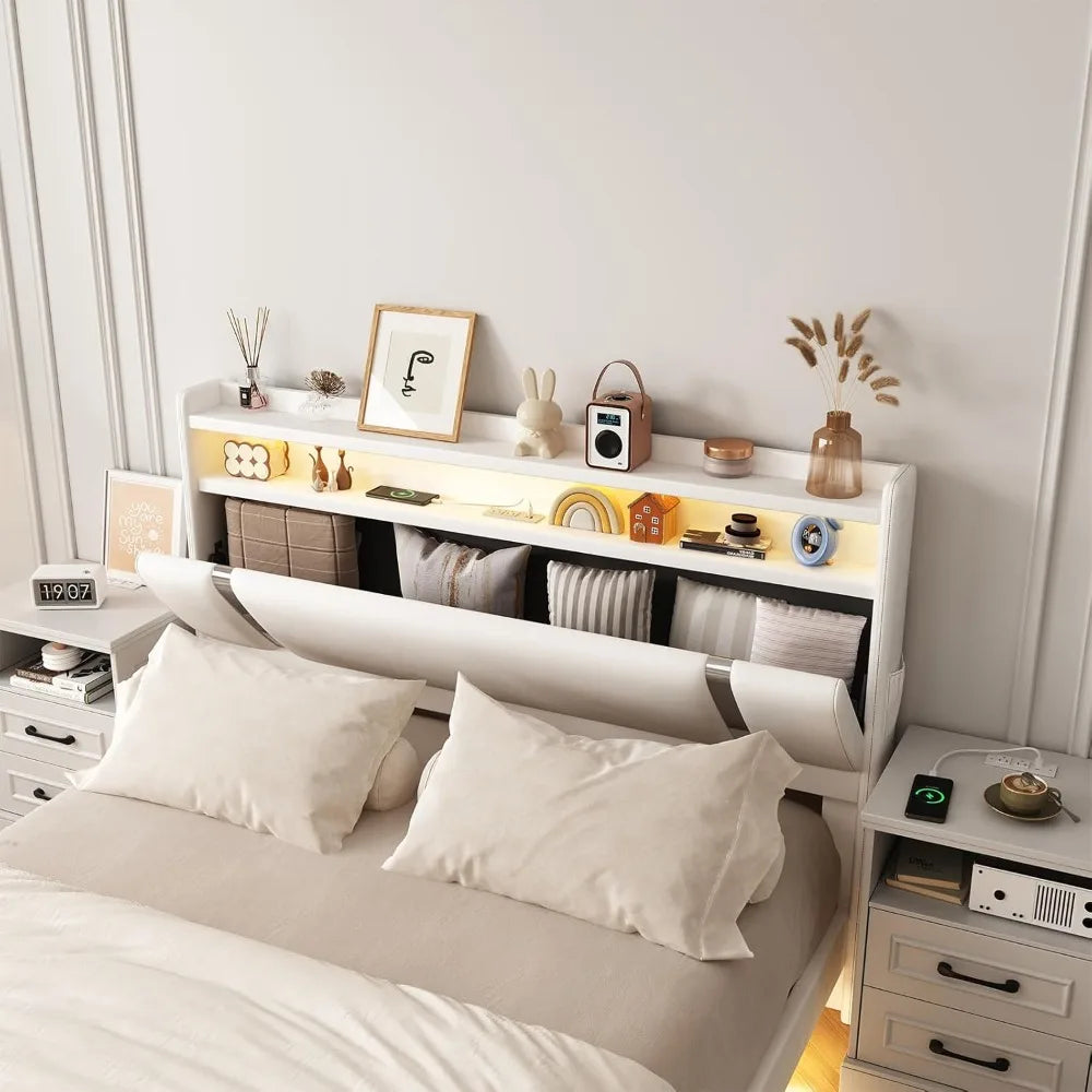 Floating Bed Frame with LED Light and Charging Station, Storage Headboard