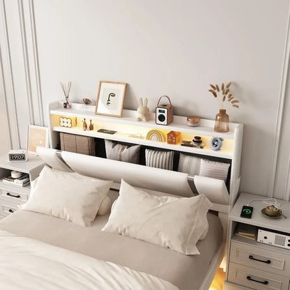 Floating Bed Frame with LED Light and Charging Station, Storage Headboard