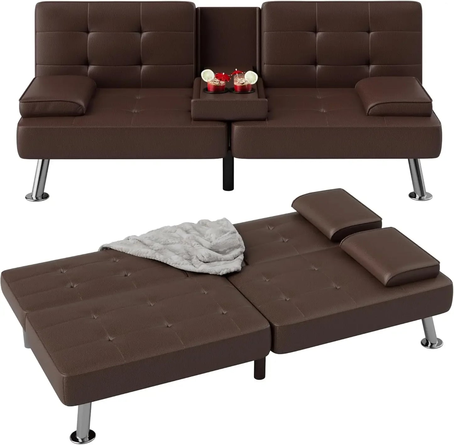 Folding Futon Set Convertible Recliner Lounge with Cup Holders, Removable Armrests