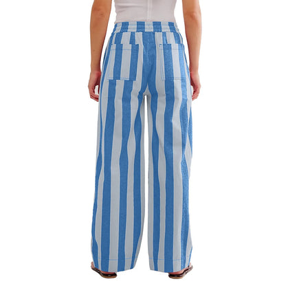 Women Casual Baggy Trousers, Striped Color Blocking, High Waist, Wide Leg, Pockets