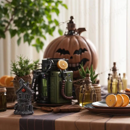 Halloween Miniature Resin Statue Figurines, Pumpkin haunted house and skeleton tombstone