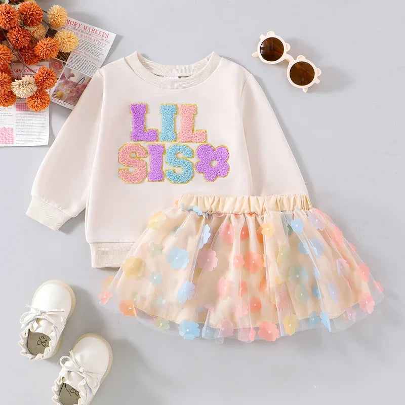 0 MO-5Y Kids Girls Skirt Set, Long Sleeve Embroidery Letters Sweatshirt with Flower Tulle Skirt 2-piece Outfit