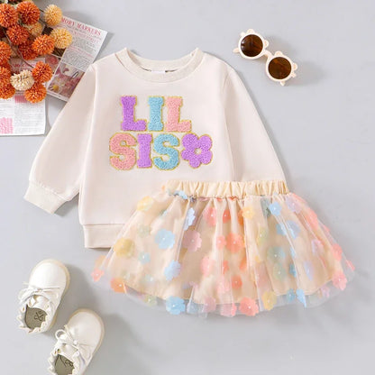 0 MO-5Y Kids Girls Skirt Set, Long Sleeve Embroidery Letters Sweatshirt with Flower Tulle Skirt 2-piece Outfit