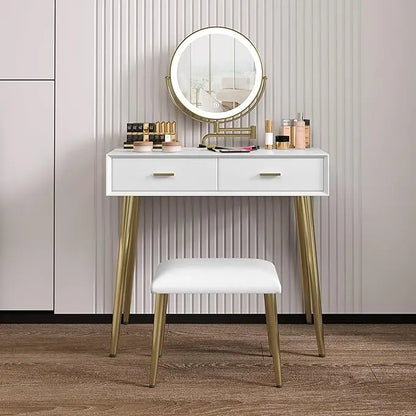 Vanity Desk Set with 360° Rotating Mirror and Lights, with Microfiber Leather, with 2 Drawers,