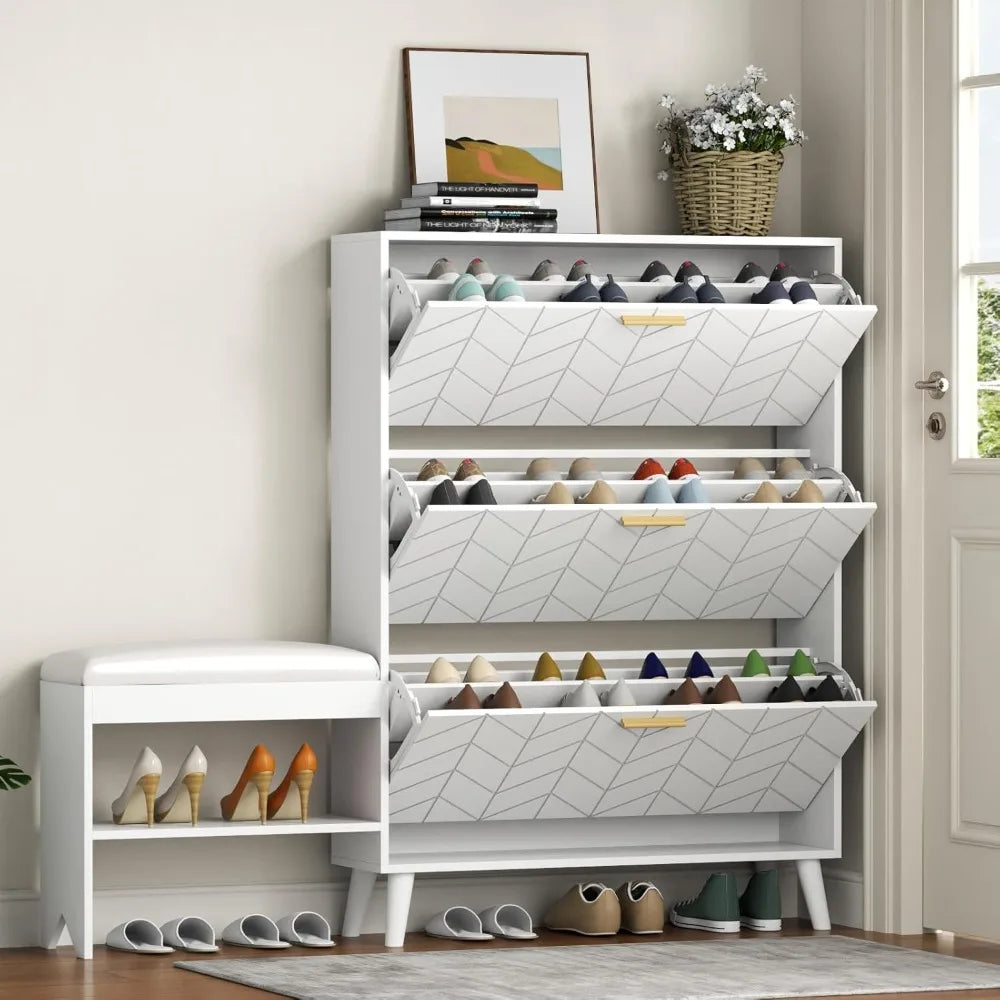 Shoe Cabinet w/3 Flip Drawers & Bench
