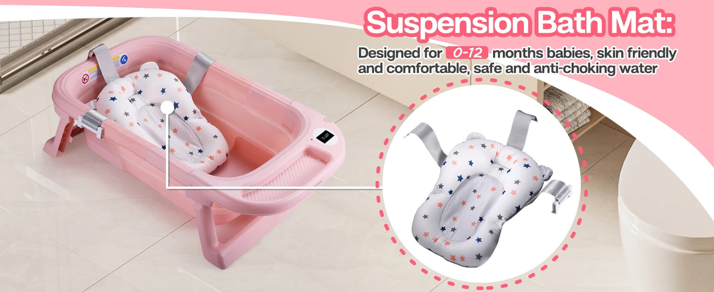 Baby Bath Tub with Soft Cushion & Thermometer, 0-36 Months,Portable Travel Baby Tub