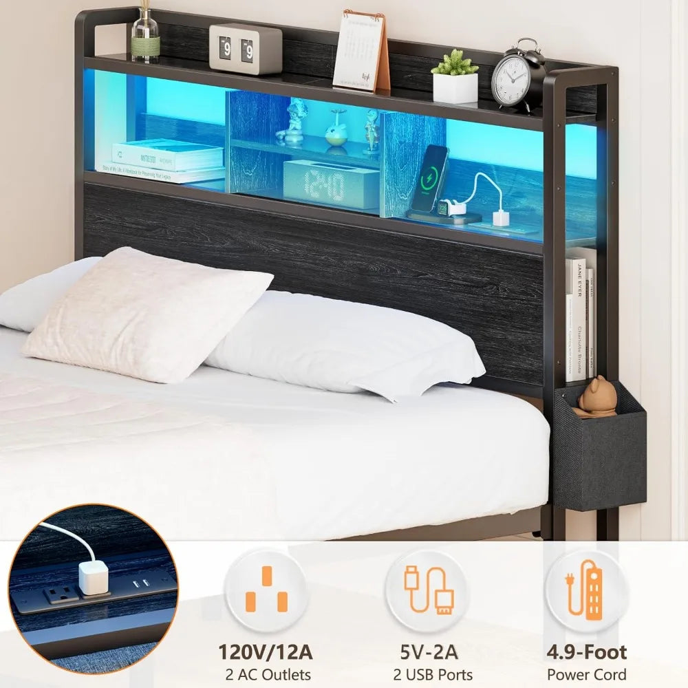 Metal Platform Bed Frame with Storage Drawers and Shelf, LED Lights and Charging Station