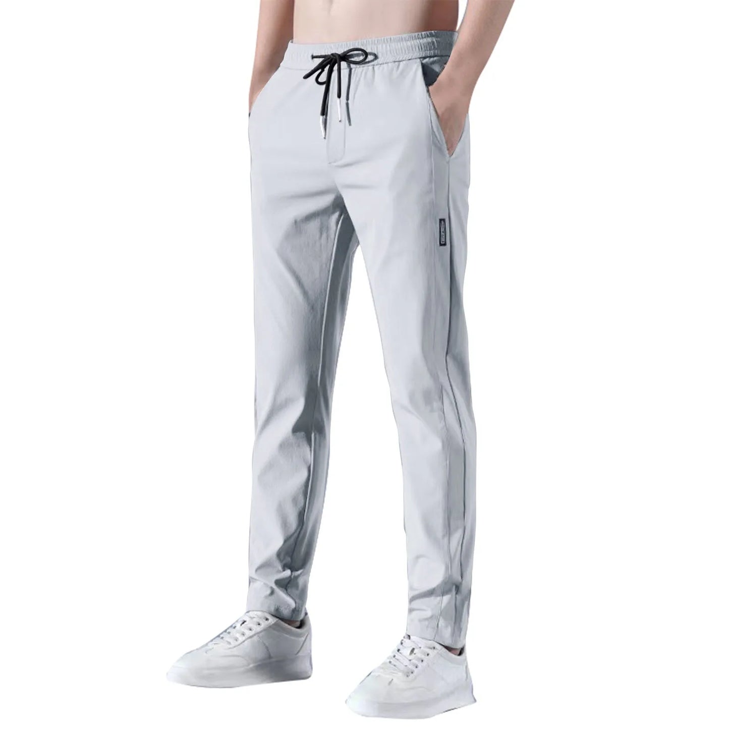 Men Fast Dry Stretch Pants, Ice Silk Trousers, Solid Color, Mid-Waist