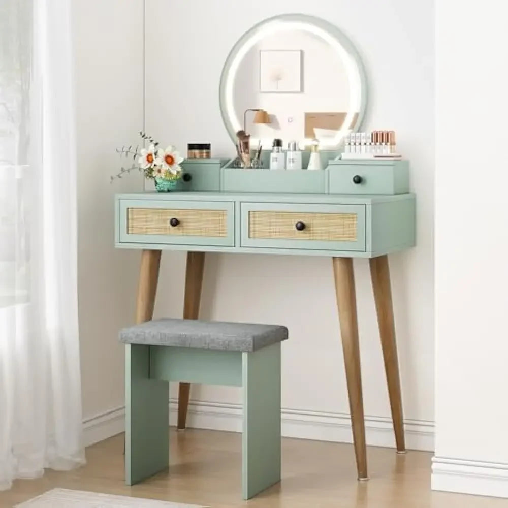 31" Natural Rattan Vanity Desk Set, w/3 Modes, Adjustable ,Lighted Mirror & Cushioned Stool