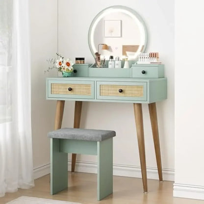 31" Natural Rattan Vanity Desk Set, w/3 Modes, Adjustable ,Lighted Mirror & Cushioned Stool