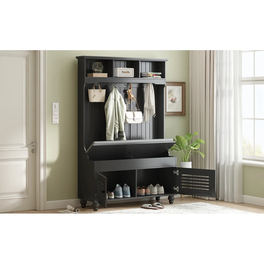 47.2'' Wide Hall Tree with Storage, 5-in-1 Entryway Bench with Shutter-shaped doors, Coat Rack, Cushion and 4 Sturdy Hooks