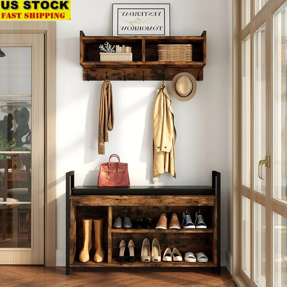 Industrial Entryway Hall Tree Coat Rack Shoe Bench Storage Shelves Hooks Cubbies Padded Seat Rustic Home Organization Furniture