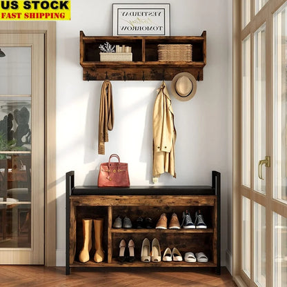 Industrial Entryway Hall Tree Coat Rack Shoe Bench Storage Shelves Hooks Cubbies Padded Seat Rustic Home Organization Furniture