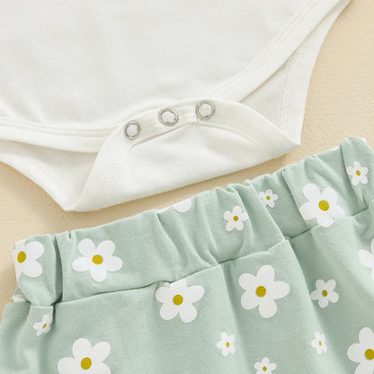 3Pcs  0-18 mo Baby Girl Outfit,  Daddy’s Girl, Short Sleeve Romper, Flower Ruffle Shorts, Headband