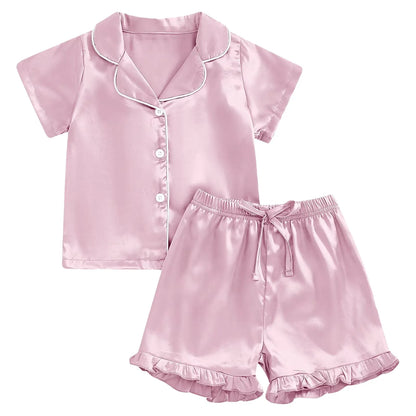 1Y-13Y Silk Pajamas Girl Satin Summer Feather Pajamas Short Sleeve