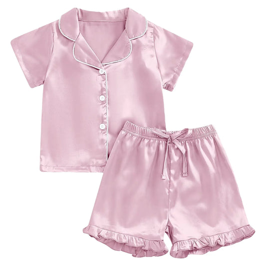 1Y-13Y Silk Pajamas Girl Satin Summer Feather Pajamas Short Sleeve