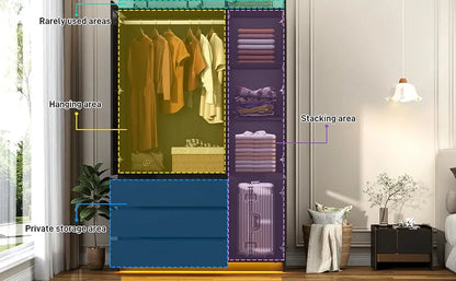 3 Door Armoire Wardrobe with 3 Drawers & Mirror, Hanging Rod, LED Lights