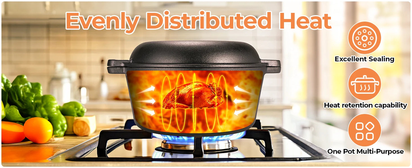 Pre-Seasoned Cast Iron Double Dutch Oven With Loop Handles, 5.1 Quart Pot
