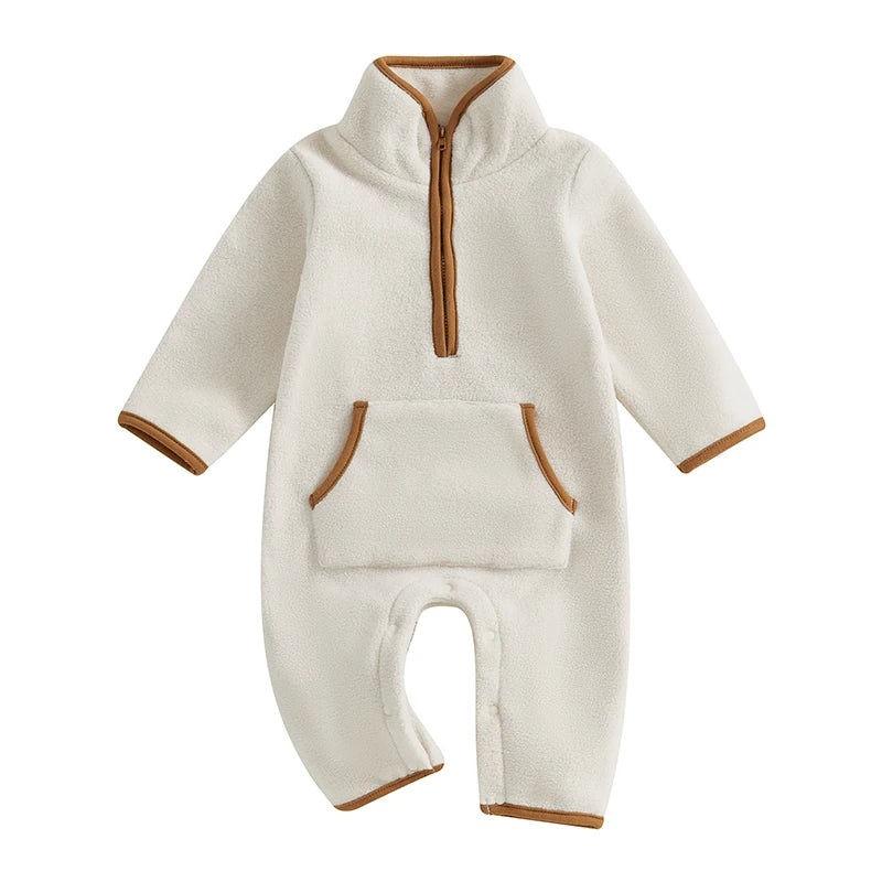 3-12M Autumn Winter Baby Boys Fleece Romper, Long Sleeve, Stand Collar, Pockets