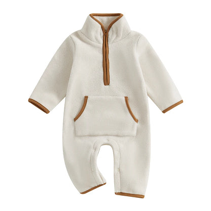 3-12M Autumn Winter Baby Boys Fleece Romper, Long Sleeve, Stand Collar, Pockets
