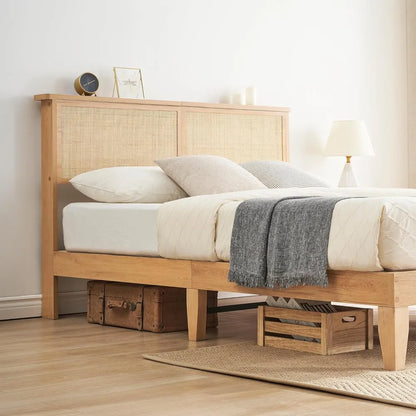 Full Bohemian Rattan Bed Frame with LED Lights,Solid Wood Foundation