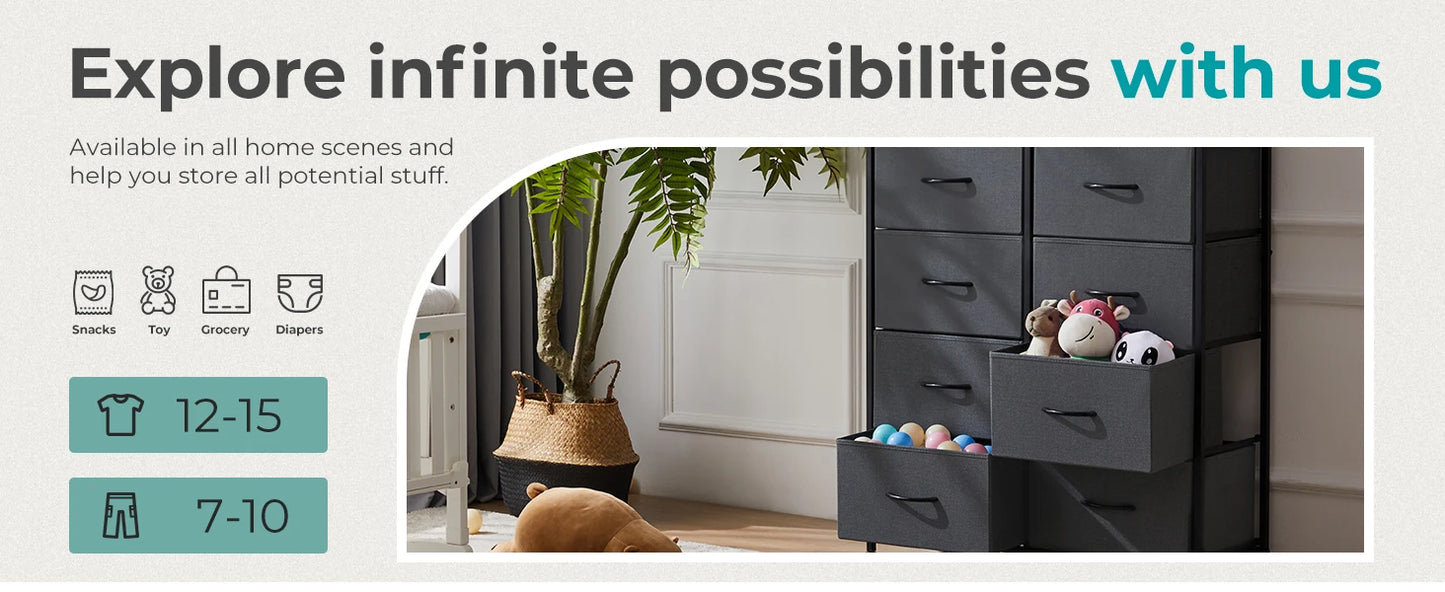 Bedside Table With 10 Fabric Drawers, Steel Frame