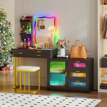 60.9" W Large Vanity/Desk with Mirror and RGB Lights, Glass Top, Charging Station