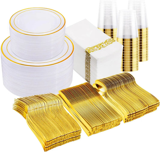 700 Pcs Gold Plastic Plates for 100 Guests  Includes 200 Gold Plastic Plates,300 Silverware,100 Napkins,100 Cups