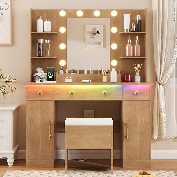 Makeup Desk with Mirror & Lights: Charging Station, 3 Drawers & Stool