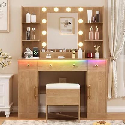 Makeup Desk with Mirror & Lights: Charging Station, 3 Drawers & Stool