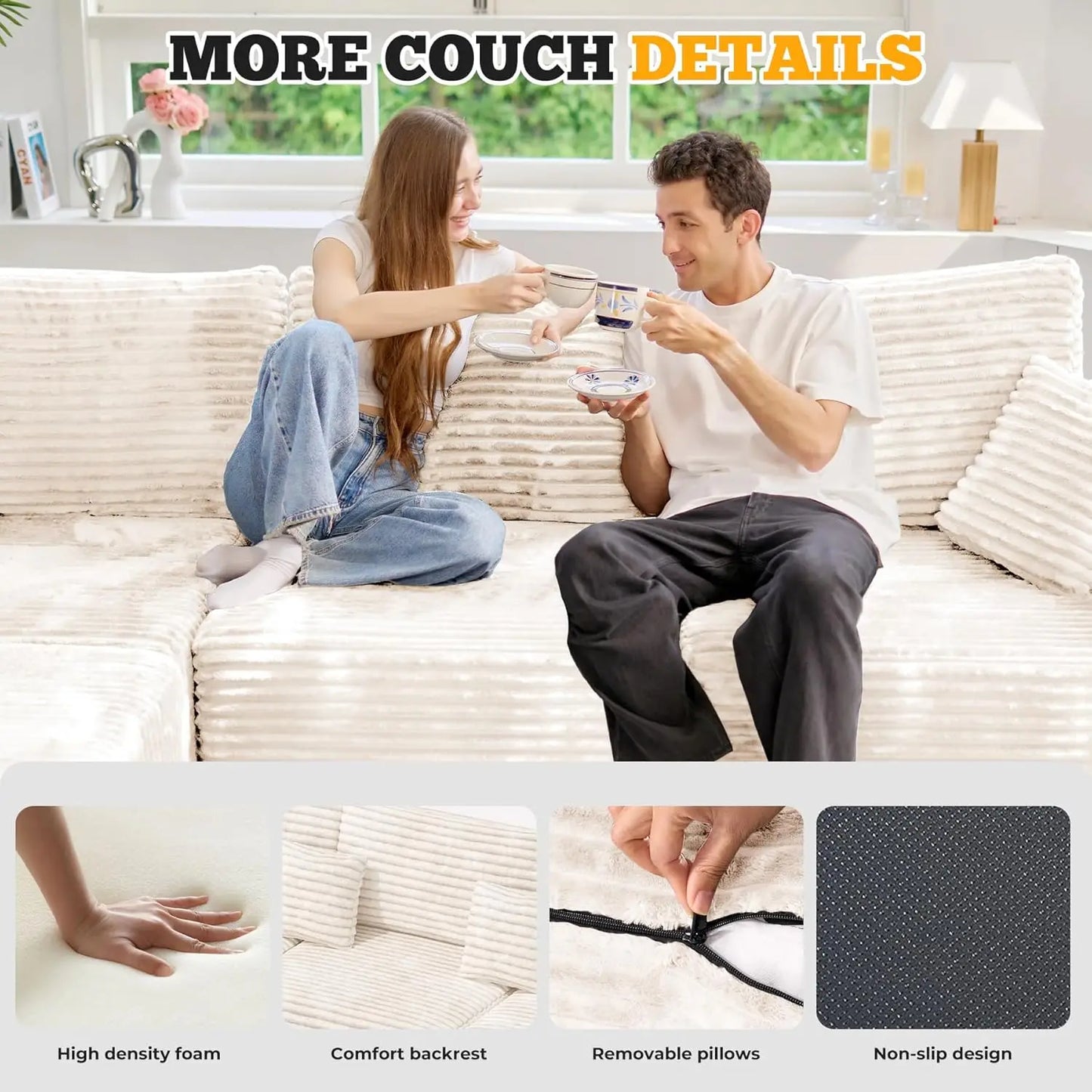6 Seater Corduroy Boneless Couch Sleeper with Ottoman