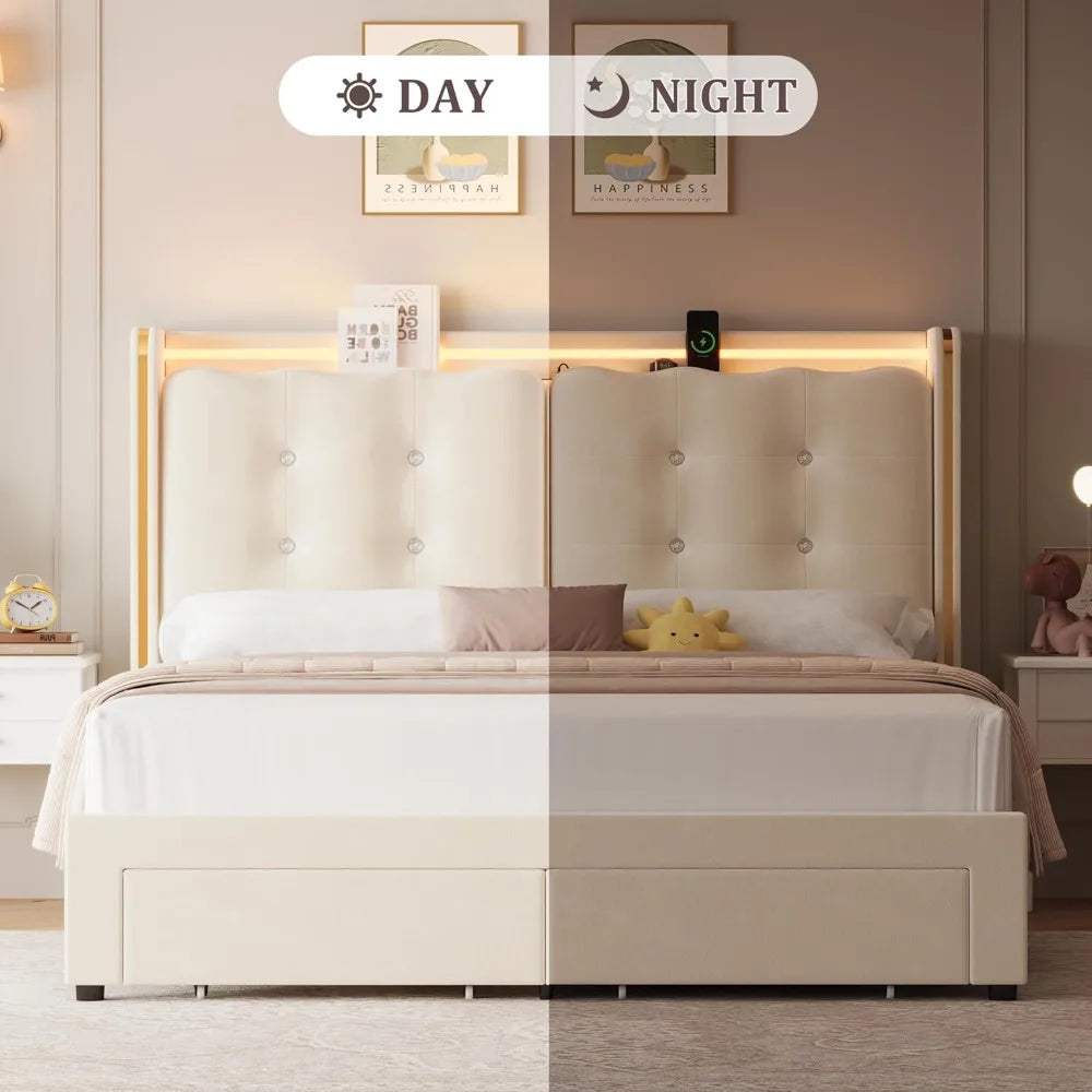 Upholstered Full LED Bed Frame with Charging Station and Storage Drawers, Platform Bed Frames