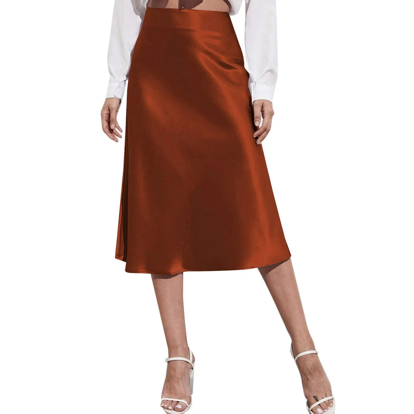 Womens Elegant Satin Skirt, High Waist, Midi Length, Satin Silk, Solid Color Office Work Skirts