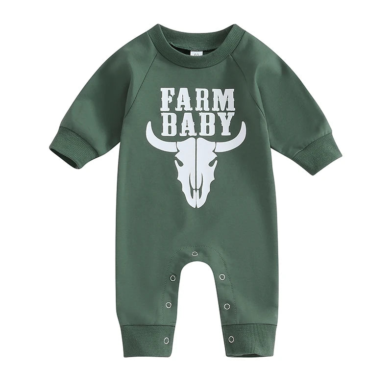 0-12M Newborn Baby Boy Sweatshirt Rompers-Bull Head Letter Print, Long Sleeve Jumpsuit