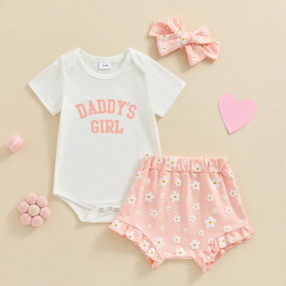 3Pcs  0-18 mo Baby Girl Outfit,  Daddy’s Girl, Short Sleeve Romper, Flower Ruffle Shorts, Headband