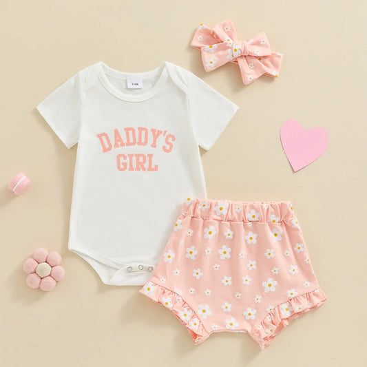 3Pcs  0-18 mo Baby Girl Outfit,  Daddy’s Girl, Short Sleeve Romper, Flower Ruffle Shorts, Headband
