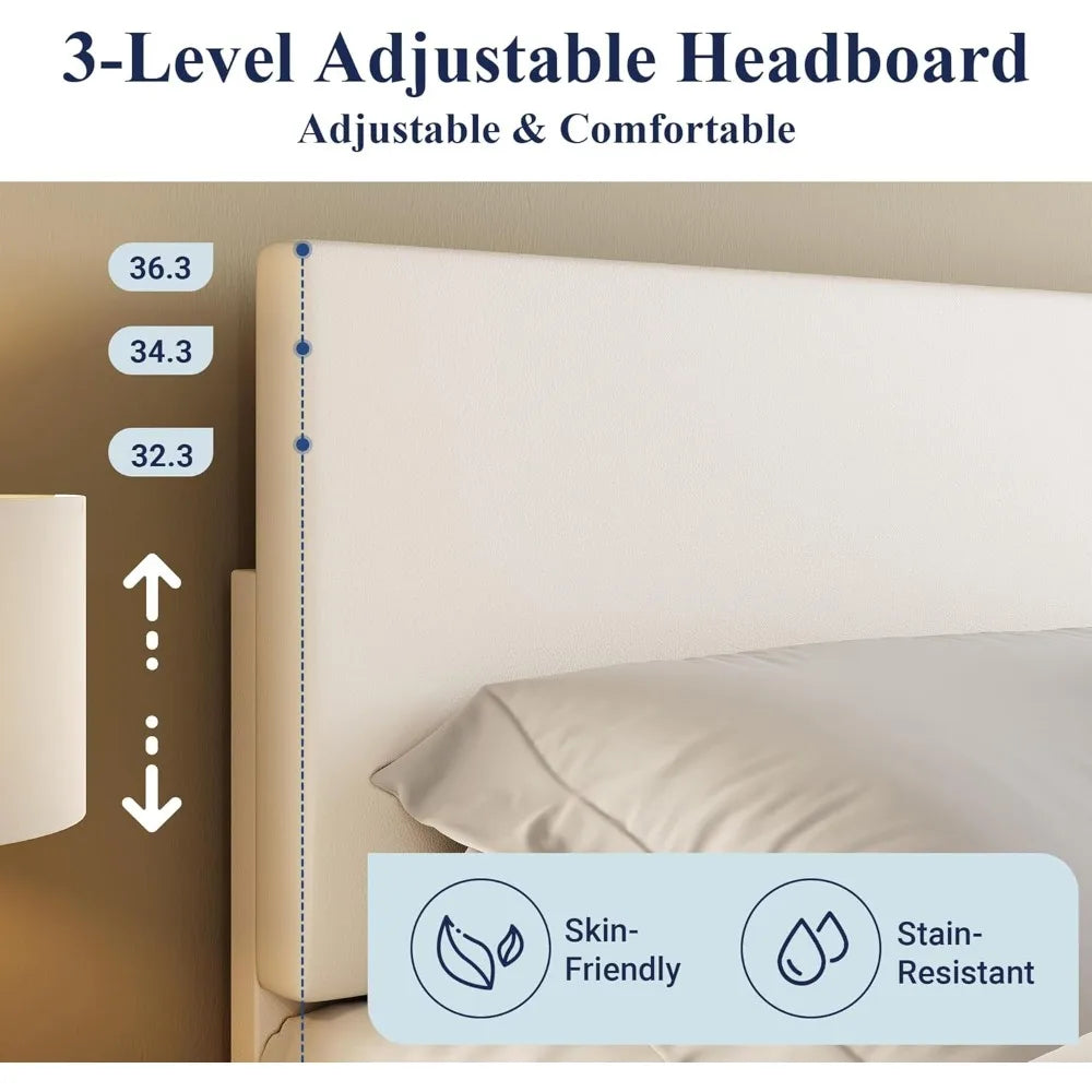 Full/Queen/king Size Bed Frame Adjustable Headboard, Faux Leather Platform Bed, Easy Assembly