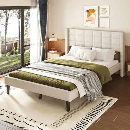 Upholstered Platform Bed Frame with Stitching Design Headboard, Noise-Free, No Box Spring Needed